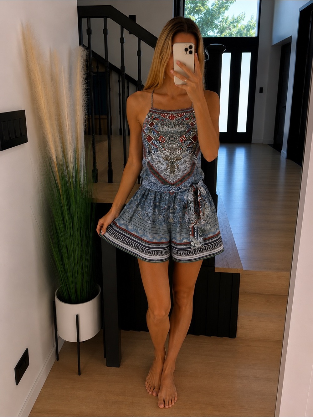 Camilla  Silk Antique Batik Embellished Shoestring romper